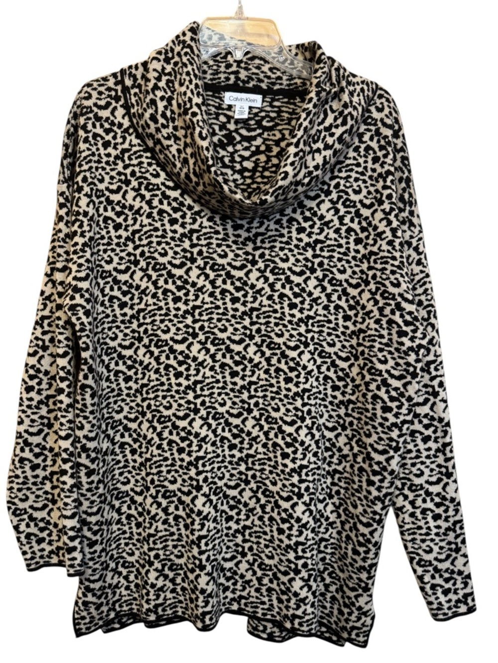 Calvin Klein Women Tan Black Animal Print Cowl Neck Sweater Large